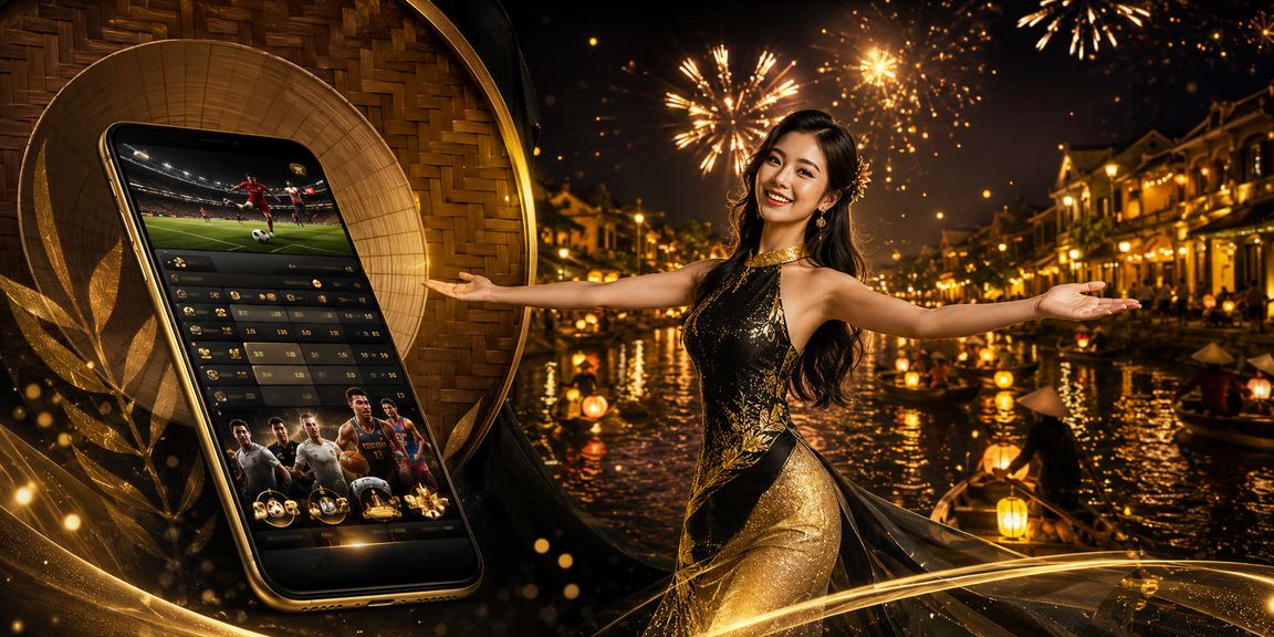 Người dùng đội nón lá duyệt thông tin cược và xổ số trên điện thoại tại phố cổ Hội An