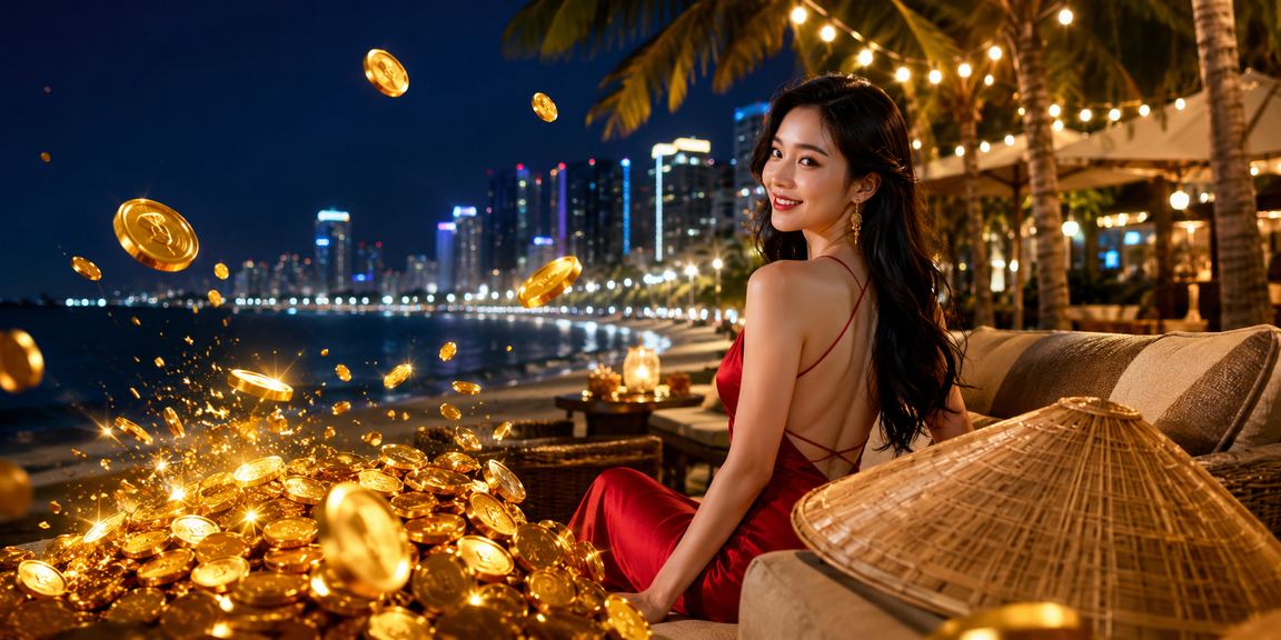 Người phụ nữ đội nón lá thư giãn bên bãi biển Nha Trang với nụ cười thoải mái, biểu tượng của giải trí lành mạnh
