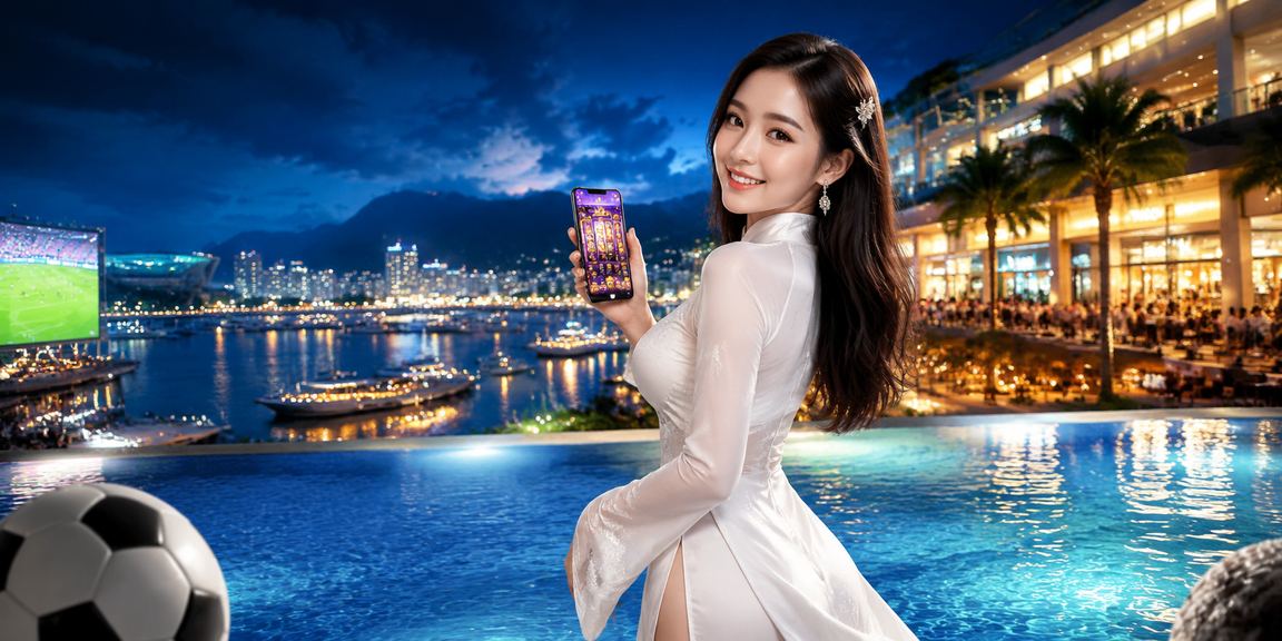 Người phụ nữ mặc áo dài trải nghiệm trò chơi slot tại khu resort ven biển Nha Trang
